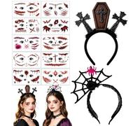 Halloween Headband, 2 Pack Costume Set with Temporary Tattoo Stickers, Spider Bat Pumpkin Devil Horn Hair Accessories for Women Adults Kids, Cosplay Masquerade Trick or Treat Party Supplies Headdress