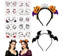 Halloween Headband, 2 Pack Costume Set with Temporary Tattoo Stickers, Spider Bat Pumpkin Devil Horn Hair Accessories for Women Adults Kids, Cosplay Masquerade Trick or Treat Party Supplies Headdress