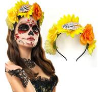 Halloween Headband Mexican Flower Crown Skull Hair Accessories Women Day of The Dead Rose Floral Headpiece Party Supplies, Yellow, Large