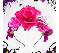 Halloween Headband Mexican Flower Crown Skull Hair Accessories Women Day of The Dead Rose Floral Headpiece Party Supplies, Pink, Large