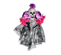 Halloween Headbands, Day of the Dead Floral Crown Tiara Headdress, Gothic Skull Colorful Flower Black Lace Veil Headband, Long Black Veil Hair Band for Party Cosplay (04, One Size)