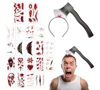 Halloween Headpiece and Tattoo Set, Headband Horror Axe, 21-Piece Halloween Decoration Set, 20 Tattoo Stickers, Suitable for Halloween Parties, Pranks, Costume Parties and Cosplay Fancy Dress