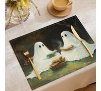 Halloween Healing Style Placemats 30 x 45 cm Set of 6 | Seasonal Fall Ghosts Reading Books Table Mats for Party Kitchen Dining Decoration Green