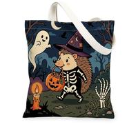 Halloween Hedgehog Canvas Tote Bag for Shopping 13x15, Horror Animal Graveyard Reusable Grocery Print Pattern Bag for Women, Spooky Scary Aesthetic Painting Gift Decor