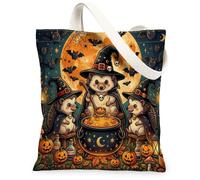 Halloween Hedgehog Canvas Tote Bag for Shopping 13x15, Vintage Animal Witch Cauldron Reusable Grocery Print Pattern Bag for Women, Scary Beach Aesthetic Painting Gift Decor