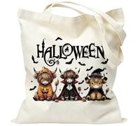 Halloween Highland Cow Canvas Tote Witch Pumpkin Bat Women Reusable Handbag