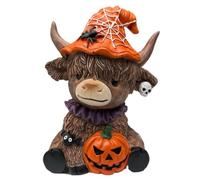 Halloween Highland Cow Figurine - Spooky Pumpkin Statue, Autumn Resin Ornament | Rustic Holiday Shelf Figurine, Farm Animal Decorative Statue with Witch Hat For Kitchen Living Room Seasonal Display