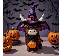 Halloween Highland Cow Ornament 2025 New - Handmade Resin Witch Hat Figurine with Pumpkin & Broom/Black Bat Wing | Unique Home Decor for Festive Season, 10cm Tall Party Props Gift Idea (Style-b)
