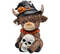 Halloween Highland Cow Ornament, Halloween Highland Cow Figurine With Pumpkin Skull And Witch Hat, Gift-Ready For Desktop Ornament Home Decor Shelf Accent Farmhouse Garden Bedroom (A)