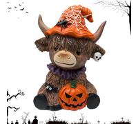 Halloween Highland Cow Ornament, Resin Highland Cattle Sculpture With Hat & Pumpkin, Home Creative Cute Decor For Halloween