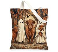 Halloween Highland Cows Canvas Tote Bag for Shopping 13 * 15, Animal Holiday Ghosts Reusable Grocery Bag for Women, Forest Work Travel Painting Gift Decor