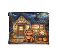 Halloween Highland Cows Makeup Bag, Holiday Cute Pumpkins Printed Cosmetic Travel Pouch for Women, Fall Portable Small Canvas Zipper Organizer 7x9 Inch