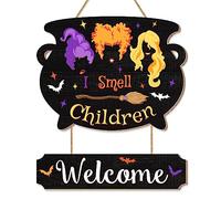 Halloween Hocus Pocus Door Sign I Smell Children Hanging Sign for Front Door, Welcome Wooden Door Hangers Wreath for Halloween Party Home Decorations Wall Decor 2 Parts (Black)