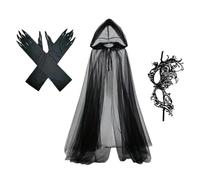 Halloween Hooded Cloak Bride Eye Masque Witch Gloves Set