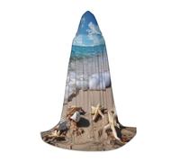 Halloween Hooded Cloak For Teenagers, Beach Printed Hooded Cape, Youth Hooded Costume For Cosplay, Witch Vampire Party, Fantasy Robe For Teens Carnival Comic Con, Perfect For Heights Of 110-170 Cm