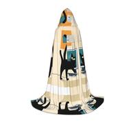 Halloween Hooded Cloak For Teenagers, Mid-Century Modern Art Cat, Youth Hooded Costume For Cosplay, Witch Vampire Party, Fantasy Robe For Teens Carnival Comic Con, Perfect For Heights Of 110-170 Cm