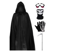 Halloween Hooded Cloak, Sensmann-Hallowe 5 Part Hooded Clan Cloak Costume with Skull , Skeleton Gloves, Sickle and Bright Red Glasses.Hallowe Speluz Costume
