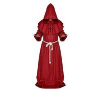 Halloween Hooded Long Cape Robe with Rope Belt Cross&Necklace,Wizard Priest Cosplay White Robe Medieval Monk Robes Plague Doctor Costume (Red, XL)