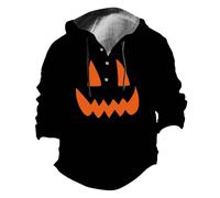Halloween Hoodie Men Funny Pumpkin Face Print Linen Hooded Sweatshirts Button Down Long Sleeve Pullover Tops Holiday Costume Adult Scary (Dark Blue,L)