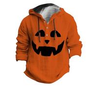 Halloween Hoodies for Men Funny Pumpkin Face Print Linen Hooded Sweatshirts Button Down Long Sleeve Pullover Tops Holiday Costume Adult Scary (Pink,4XL)