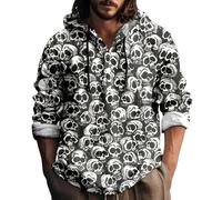 Halloween Hoodies for Men Skull Print Sweatshirt Cotton and Linen Hooded Shirts Long Sleeve Button Down Pullover Tops Playeras De Halloween para Hombre(Grey, L)