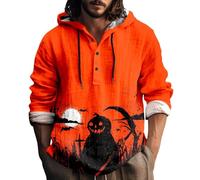 Halloween Hoodies for Men Skull Print Sweatshirt Cotton and Linen Hooded Shirts Long Sleeve Button Down Pullover Tops Playeras De Halloween para Hombre(Orange, L)