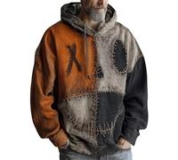 Halloween Hoodies for Men Spooky Pumpkin Face Patchwork Hooded Sweater Cozy Stitched Pullover Top Holiday Sweatshirt Costumes, Orange, 3XL