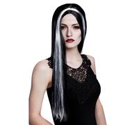 Halloween Horror Adult Aurora Long Black Wig with White Stripe Costume Accessory