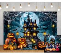 Halloween Horror Castle Backdrop Full Moon Night Pumpkin Lantern Bats Spider Web Photography Background Kids Adult Halloween Haunted Birthday Party Decorations Banner Photo Props (7x5FT)