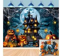 Halloween Horror Castle Backdrop Full Moon Night Pumpkin Lantern Bats Spider Web Photography Background Kids Adult Halloween Haunted Birthday Party Decorations Banner Photo Props (8x6FT)