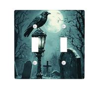 Halloween Horror Gothic Crow Decorative Light Switch Cover Wall Plate 2 Gang Double Toggle, Goth Scary Forest Tree Raven Electrical Faceplate for Room, Creepy Switchcover Switchplate