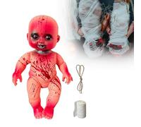 Halloween Horror Hanging Doll Decoration, Spooky Zombie Baby with Blood Splatter Effect, 9.6 Inch, White Bandages, Creepy Haunted Dolls, Indoor Haunted House Props (Red-a)