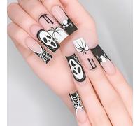 Halloween Horror Nail Art - Creepy Coffin Stick On Nails Fake False Tips Almond Autumn French Square Ghost Faces Spider Webs Black Gothic Handmade Press On Toenails 24PCS Short Manicure Extra Small