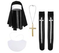 Halloween Horror Nun Costume Accessories Nun Veil Sock Scarf Cross Set | Scary Nun Cosplay Outfit Gothic Creepy Nun Fancy Dress Up Horror Bloody Halloween Costume Witches Party Evil Dress Up