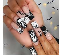 Halloween Horror Press On Nails Long Square Stiletto - Spooky Skeleton Spider Web Bat Silhouette Pumpkin Design With Rhinestones For Halloween Party Costume Accessory Nude Pink Glossy Finish