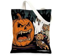 Halloween Horror Pumpkin Cockapoo Dog Canvas Tote Bag for Shopping 13x15, Haunted House Reusable Grocery Print Bag for Women, Scary Aesthetic Painting Gift Decor