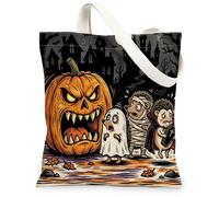 Halloween Horror Pumpkin Hedgehog Canvas Tote Bag for Shopping 13x15, Creepy Haunted House Reusable Grocery Print Bag for Women, Scary Aesthetic Painting Gift Decor