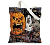 Halloween Horror Pumpkin Neopolitan Mastiff Dog Canvas Tote Bag for Shopping 13x15, Haunted House Reusable Grocery Print Bag for Women, Scary Aesthetic Painting Gift Decor