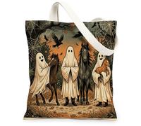 Halloween Horses Canvas Tote Bag for Shopping 13 * 15, Animal Holiday Ghosts Reusable Grocery Bag for Women, Forest Travel Pattern Gift Decoration