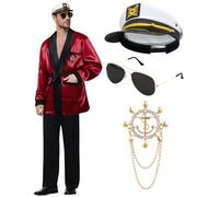 Halloween Hugh Hefner Costume Red Silky Robe Jacket & Pajama Pants Captain Costume Set with Hat Sunglasses Pipe Pin, Classic Red, Medium