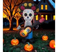 Halloween Inflatable Decoration,Lighted Blow Up Skeleton Ghost With A Guitar,Day Of The Dead Blow Up Yard Decor With Led Light,Plug-In Holiday Decor For Spooky Party Garden,Lawn,Yard,Patio