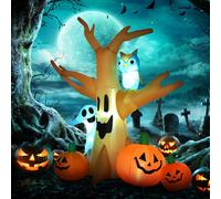 All Hallows 2.4m Halloween Inflatable Ghost Tree with 3 Pumpkins, Owl & 4 LED Lights, Brown