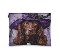 Halloween Irish Setter Dog Makeup Bag 7x9 Inch for Travel Purse, Fun Gothic Witch Bat Pattern Cosmetic Pouch for Women, Witchy Portable Canvas Zipper Organizer