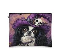 Halloween Japanese Chin Dog Makeup Bag 7x9 Inch for Travel Purse, Fun Gothic Witch Bat Pattern Cosmetic Pouch for Women, Witchy Portable Canvas Zipper Organizer