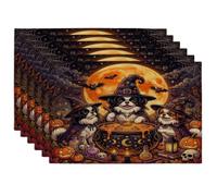 Halloween Japanese Chin Dog Placemats Set of 6, 12x18 Inch, Vintage Puppy Witch Cauldron 6Pcs Soft Table Mats for Dinning, Scary Pattern Holiday Home Kitchen Decor