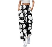 Halloween Joggers Wide Trousers for Women Uk, High Waisted Steampunk Pockets Loose-Fitting Plus Size Yoga with Pumpkin Prints Elastic Waist Gothic Casual Leg Trouser Jogging Party Work