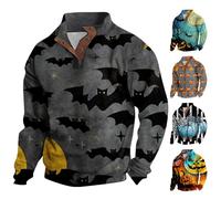 Halloween Jumper Men Printed Sweatshirts For Men Brown Stand Collar Sweater Bats Printed Pullover Long-Sleeve Sweatshirts Button Down Sweater Casual Trend Sweatshirts Holiday Theme Pullovers