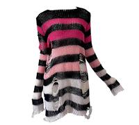 Halloween Jumper Oversized Womens Goth Striped Soft Horror Sweater Holey Frayed Y2k Stylish Grunge Knitwear Hot Pink