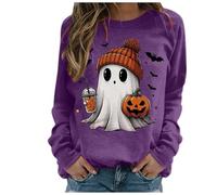 Halloween Jumper Women UK Crewneck Sweatshirt Cute Ghost Fashion Print Pullover Tops Long Sleeve Blouse Lightweight Fall Pullover for Winter
