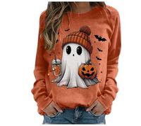 Halloween Jumper Women UK Crewneck Sweatshirt Cute Ghost Fashion Print Pullover Tops Long Sleeve Blouse Lightweight Fall Pullover for Winter